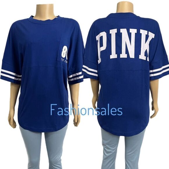 Victorias Secret Pink Varsity Short Sleeve Crew Tee Shirt Blue Medium - Picture 2 of 4